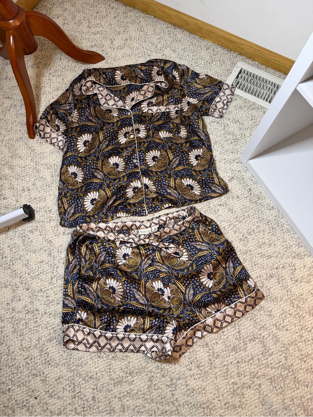 Rachel Zoe Navy, Gold & Cream Floral Satin Short Sleeve Pajama Set